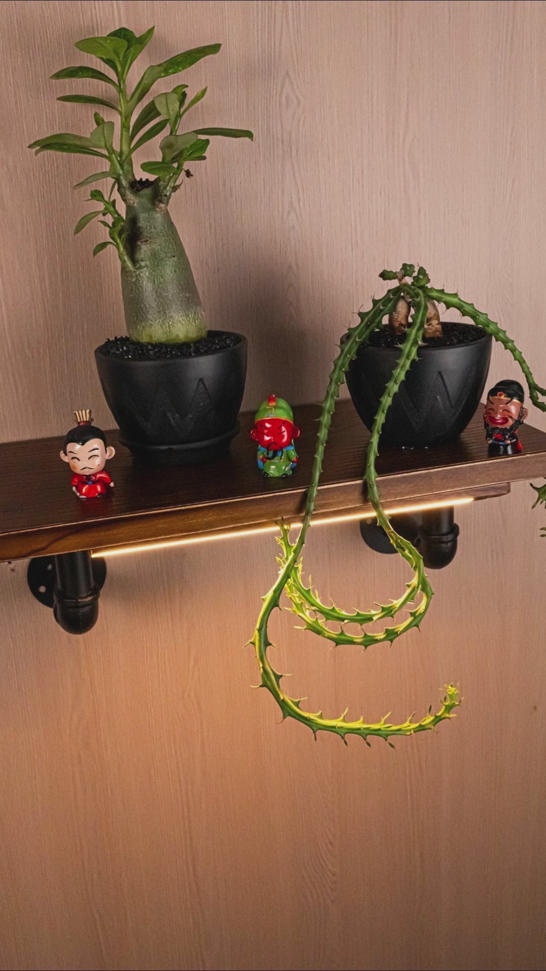 Touchless switch, rechargeable dimmable lamp, industrial-style pipe wall shelf decorative single-line solid wood shelf / wall-mounted shelving rack.