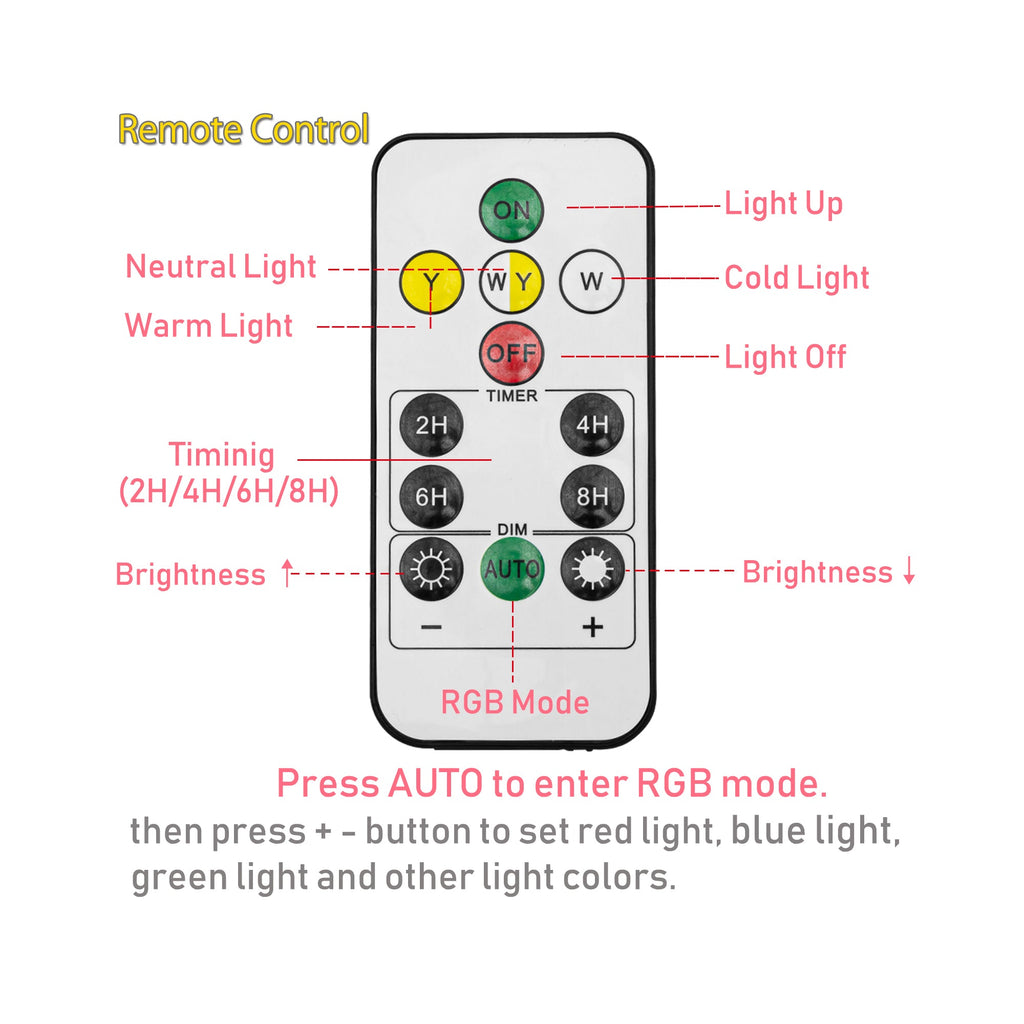 Rechargeable Smart LED Bulb remote: Dimmable, color modes (warm, neutral, cold), timer, RGB control.