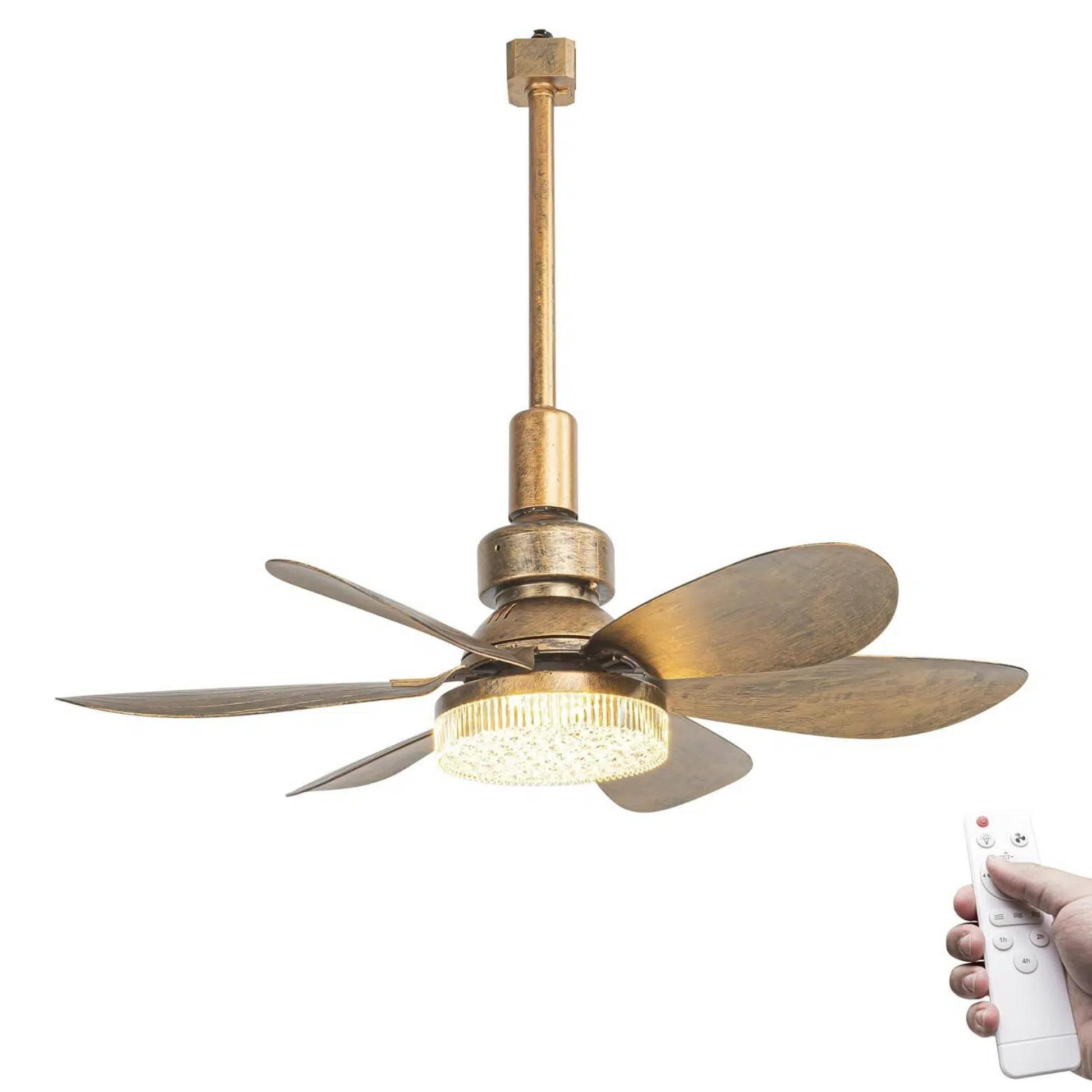 Small retro-style track light fan in bronze finish, dimmable LED crystal fan for kitchen island and office track rail systems.