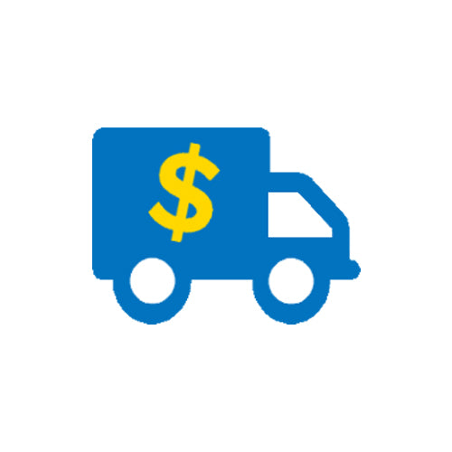 Blue delivery truck with a yellow dollar sign for price adjustments, freight premium, or expedited shipment.