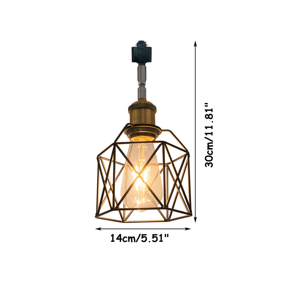 Vintage track light with black metal cage shade and Edison bulb, adjustable, accent lighting, 30cm x 14cm.