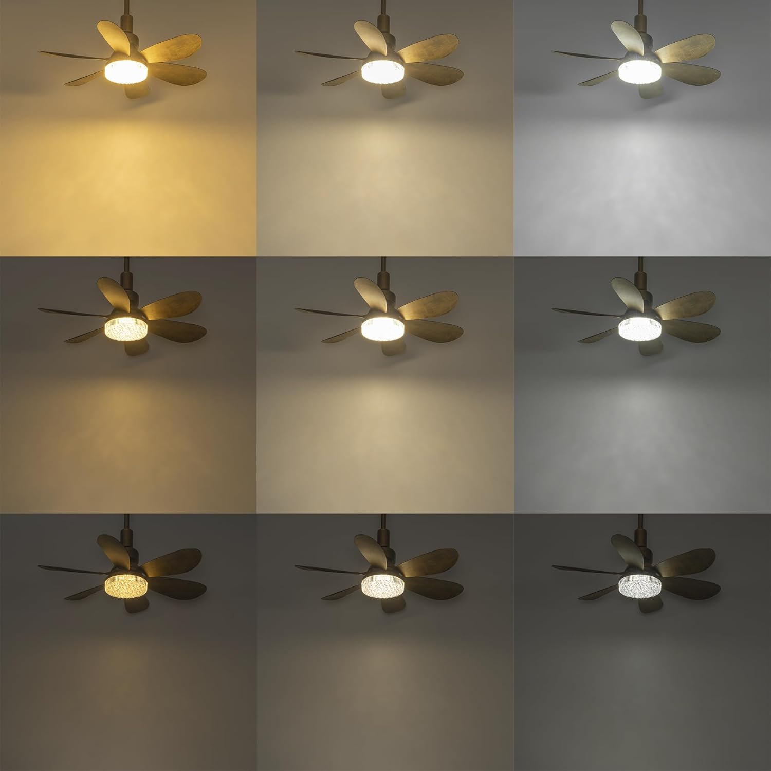 Comparison chart of the track ceiling fan's lighting modes, showing 3 color temperatures (3000K Warm, 4500K Neutral, 6000K Cool White) and dimmable brightness levels from high to low via remote control.