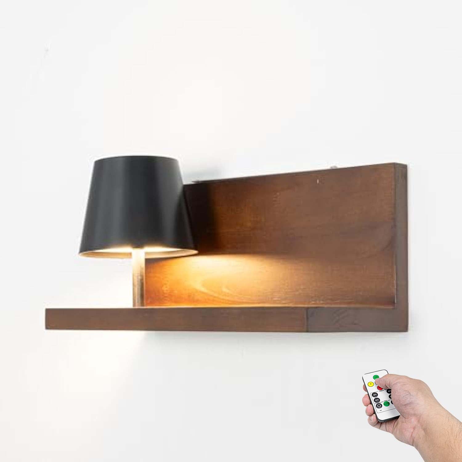 Kiven battery-powered wall lamp with shelf, cordless wall lamp, remote control, tricolor mode, farmhouse wall lamp with rechargeable dimming lamp, suitable for bedroom, living room and office.