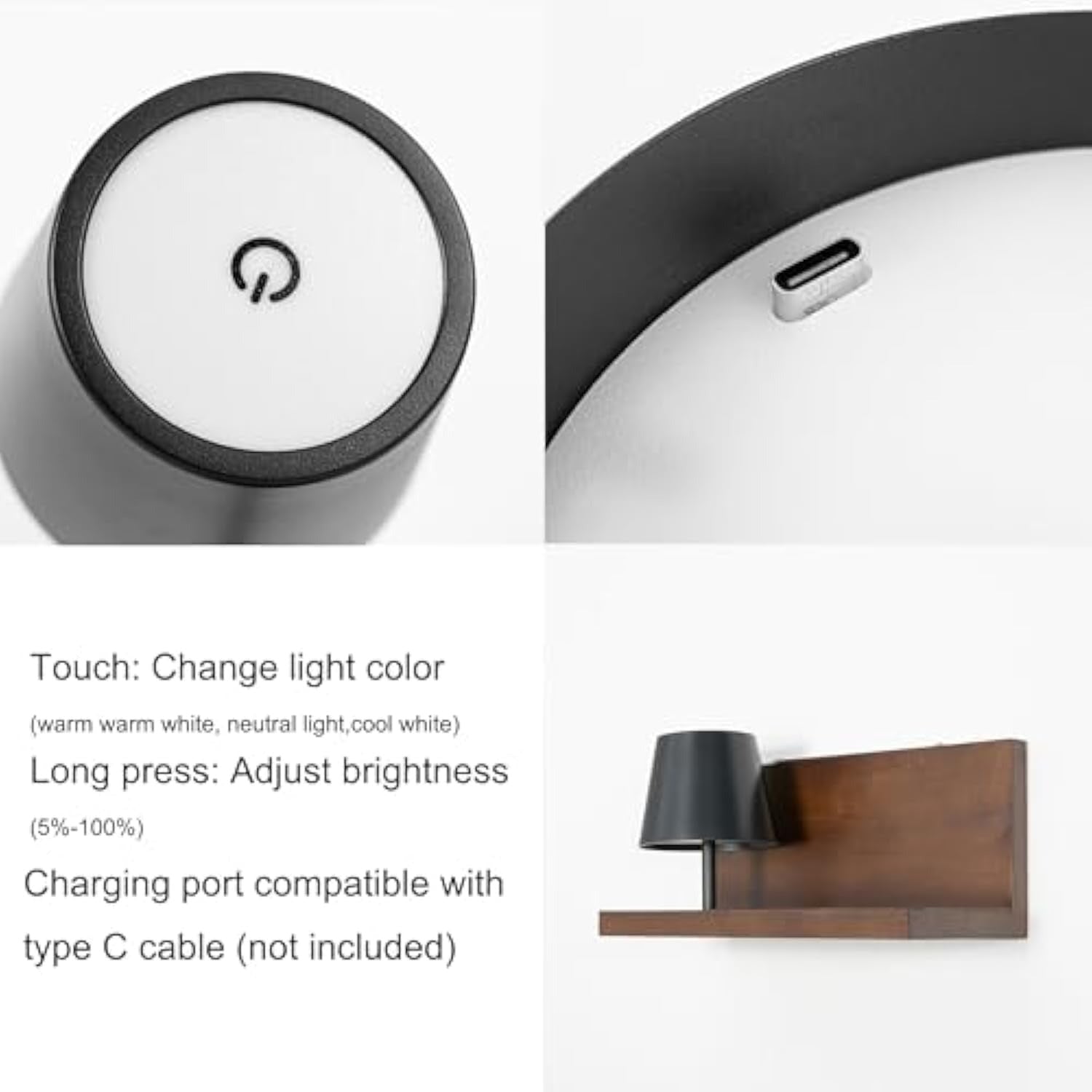 Kiven battery-powered wall lamp with shelf, cordless wall lamp, remote control, tricolor mode, farmhouse wall lamp with rechargeable dimming lamp, suitable for bedroom, living room and office.