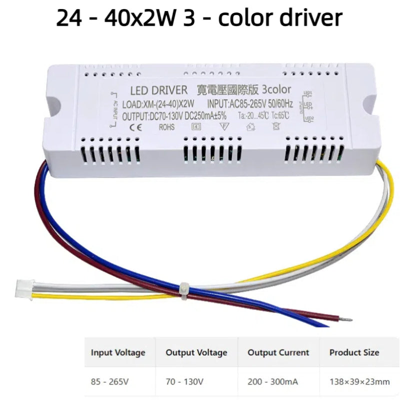 Kiven 110V Full Spectrum LED Driver - 3-Color Dimmable, 8-24-36-40-50-60-80Wx2W Full Power Power Supply