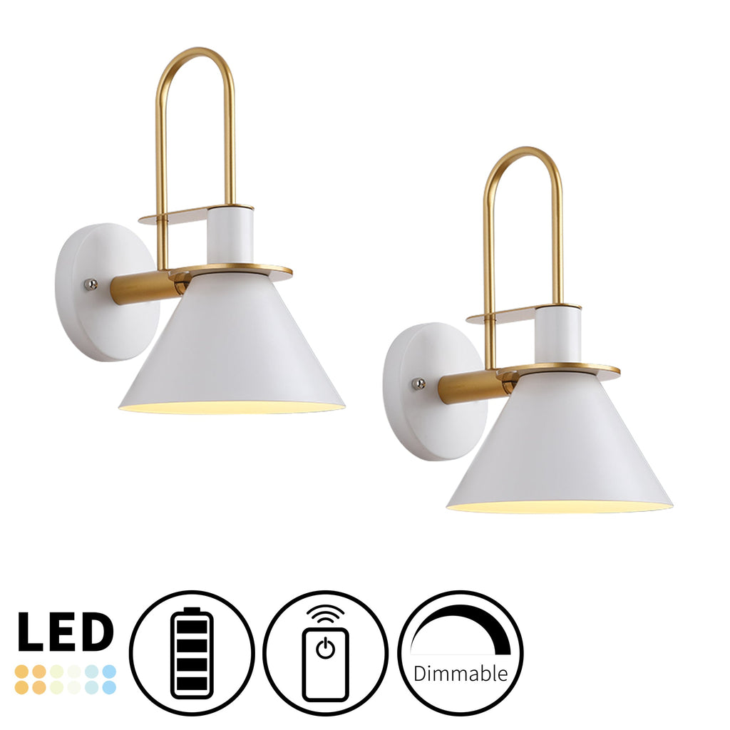 White and gold gooseneck wall sconce, battery operated, dimmable LED with remote control, perfect for home lighting.
