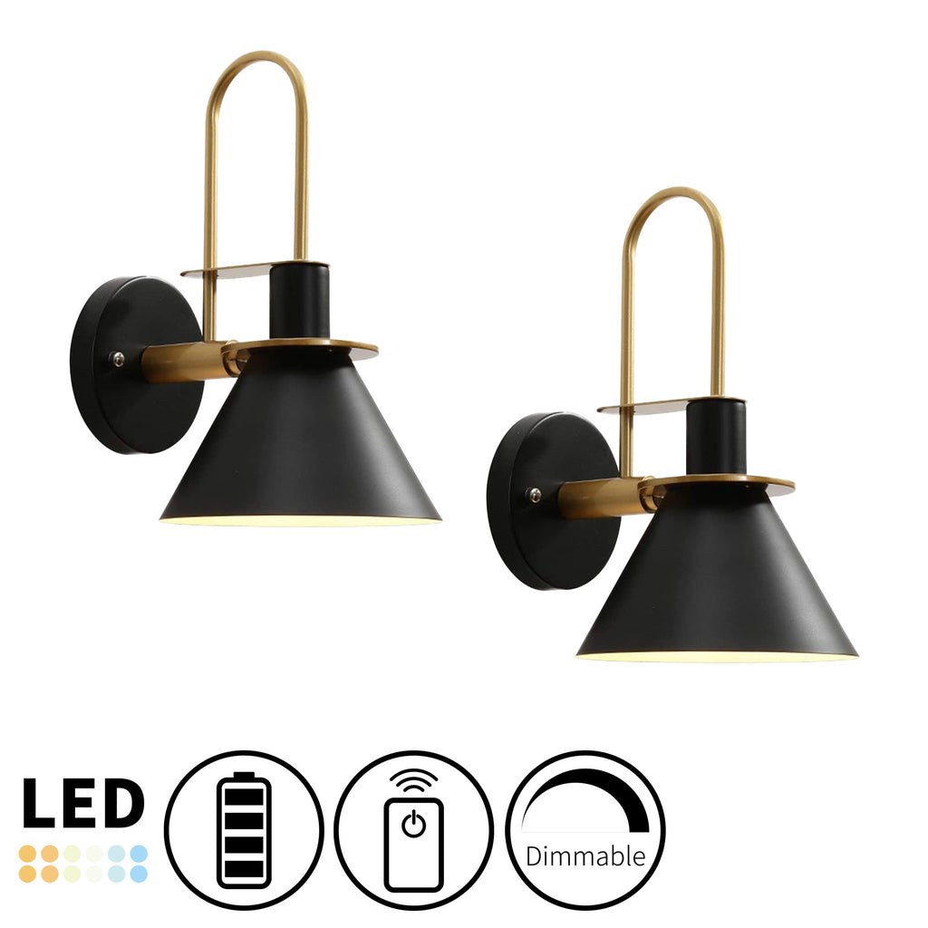 Black and gold battery operated, dimmable LED gooseneck wall sconces. Wireless, remote control, and perfect for home decor.