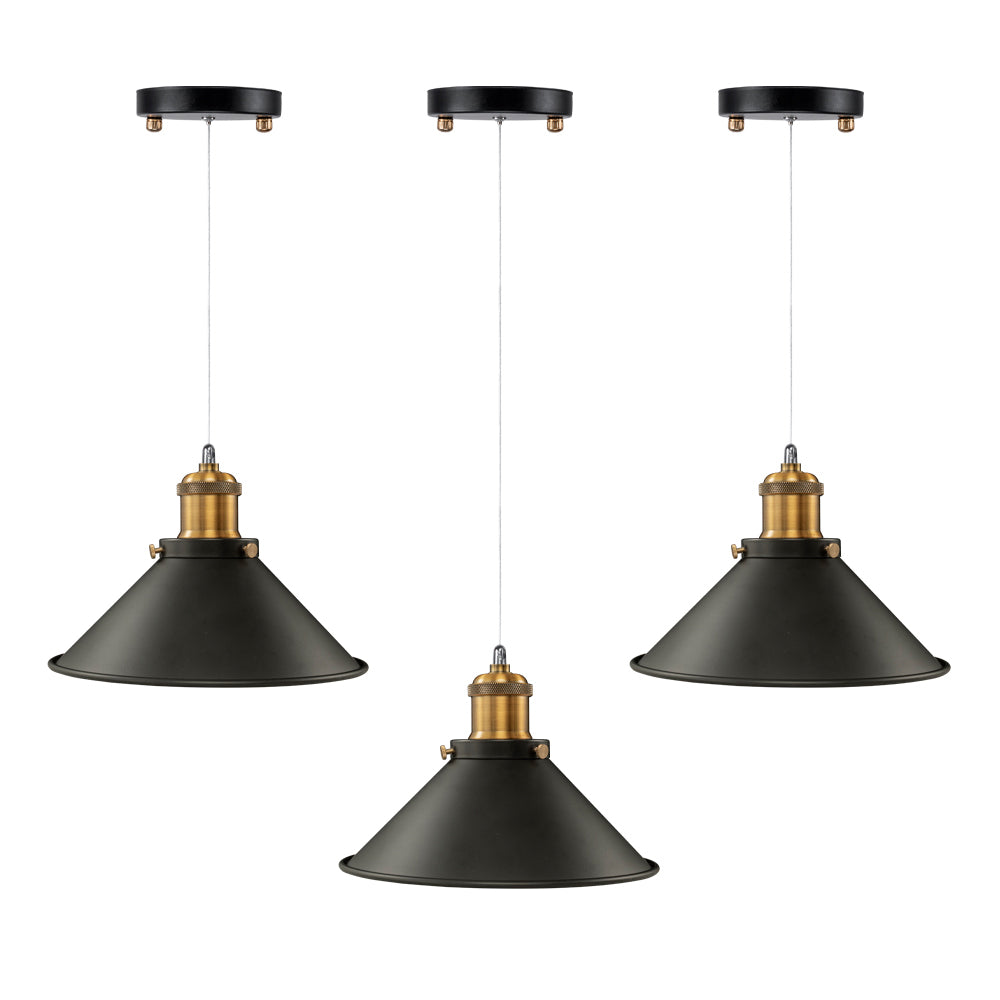 Modern industrial pendant lighting with black shades and brass accents, perfect for home or business lighting solutions.