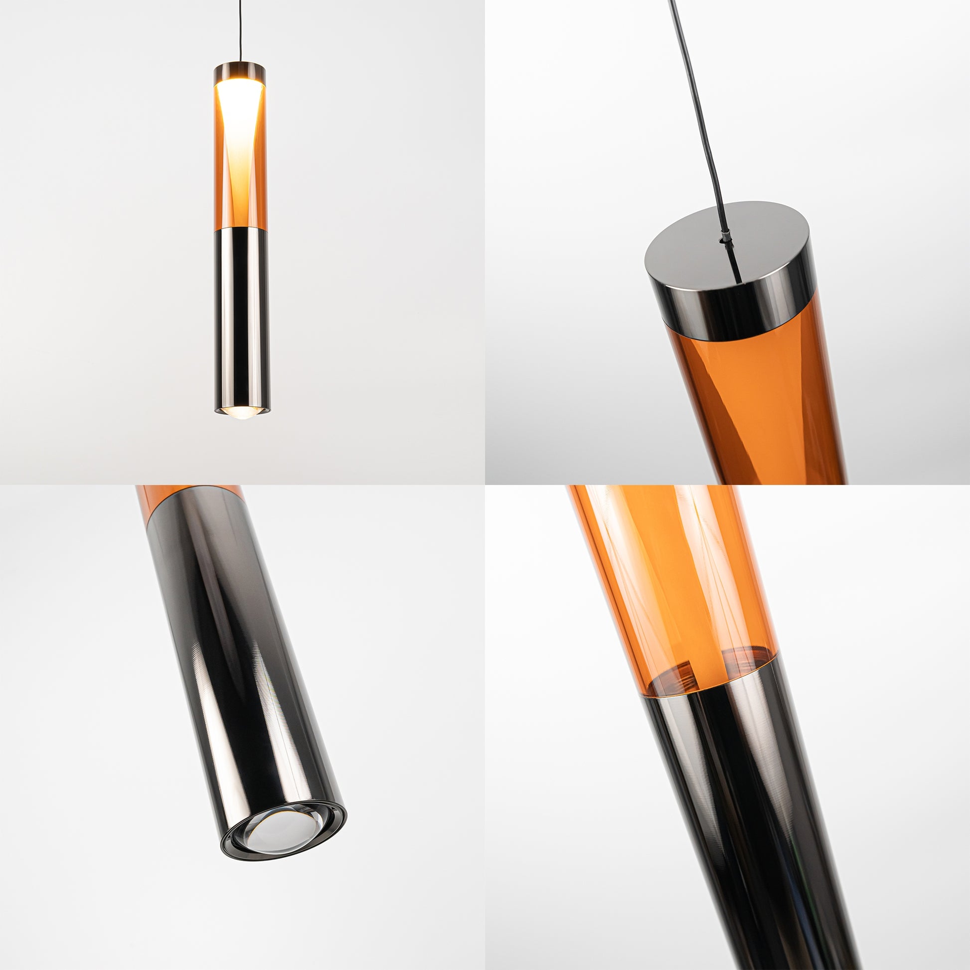 Four-panel close-up showcase of a modern cylinder LED track pendant light, highlighting the premium gunmetal chrome finish, optical amber acrylic prism, and integrated bottom spotlight lens