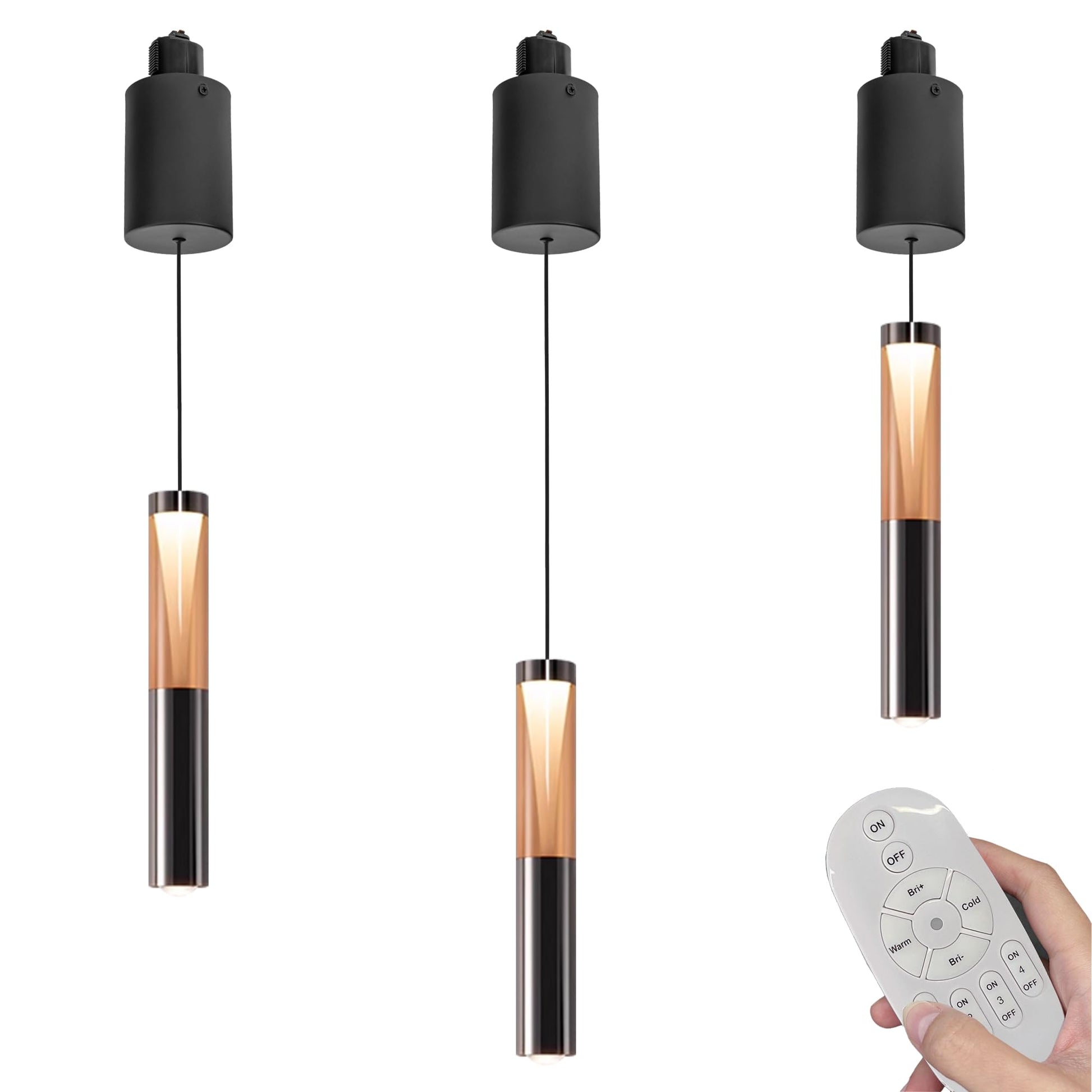 3-Pack Modern LED H-Type Track Pendant Lights in Matte Black with Remote Control, featuring Dimmable Dual-Lighting Crystal Cylinder and Adjustable Cords for Kitchen Island