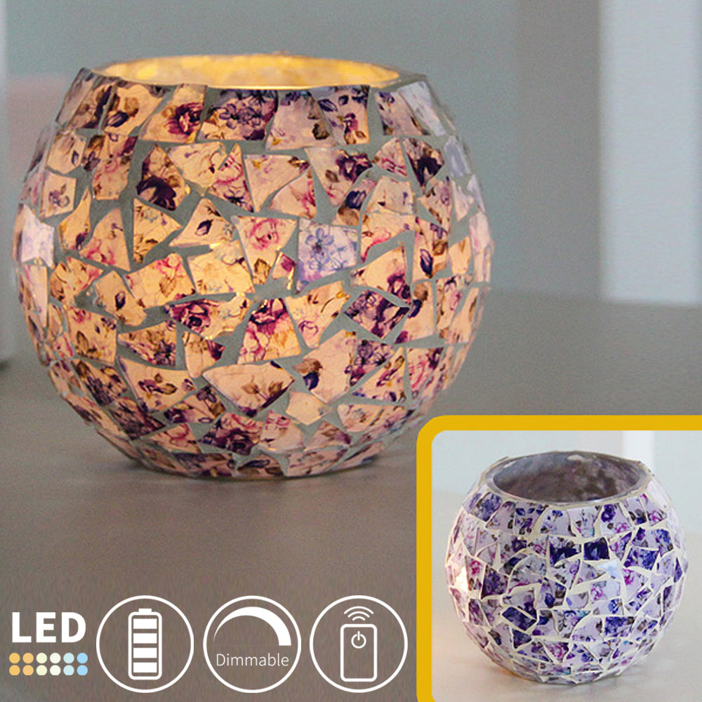 Dimmable LED night light with mosaic glass shade, battery-operated and remote-controlled, perfect for ambiance and decor.