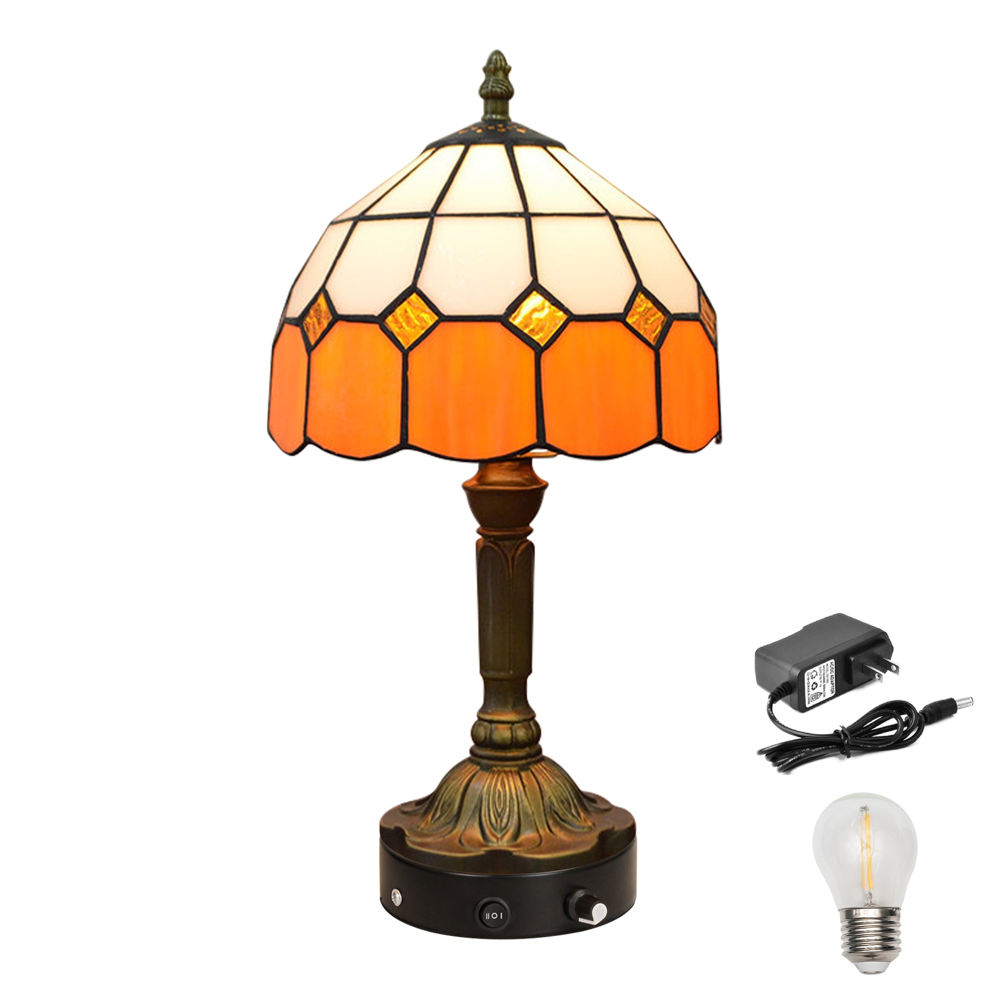 Kiven Battery Operated Tiffany Table Lamp, Dimmable Stained Glass Wireless Desk Lamp with Remote, 5V Portable Nightstand Light for Bedroom & Living Room