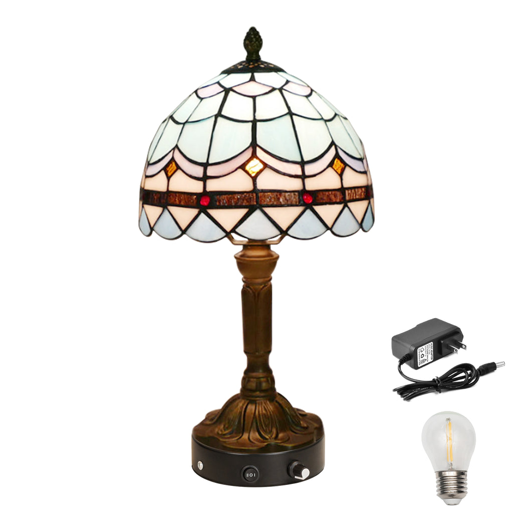 Kiven Cordless Table Lamp,1-Light Dimmable Bedside Lamps for Nightstand with Pink Glass Lampshade, Tiffany-Style Rechargeable Desk Lamp for Reading Home Decor Bedside TD0768
