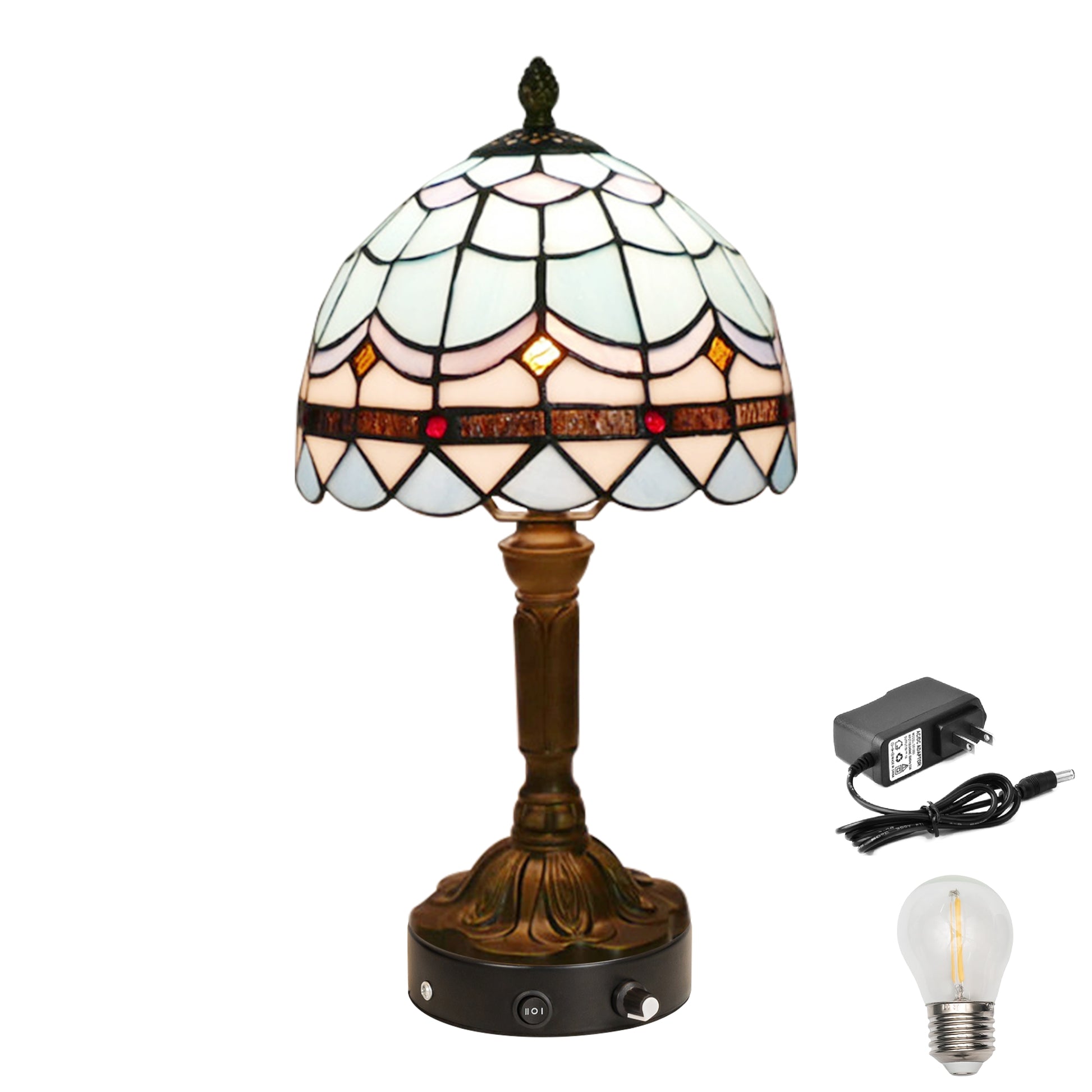 Kiven Cordless Table Lamp,1-Light Dimmable Bedside Lamps for Nightstand with Pink Glass Lampshade, Tiffany-Style Rechargeable Desk Lamp for Reading Home Decor Bedside TD0768
