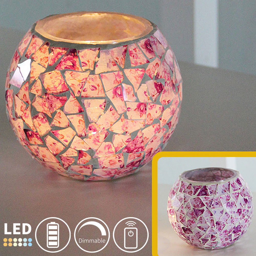 Cordless Mini Night Light with Mosaic Glass Shade, Dimmable LED, Battery Operated, Remote Control. Pink and Cream decor.