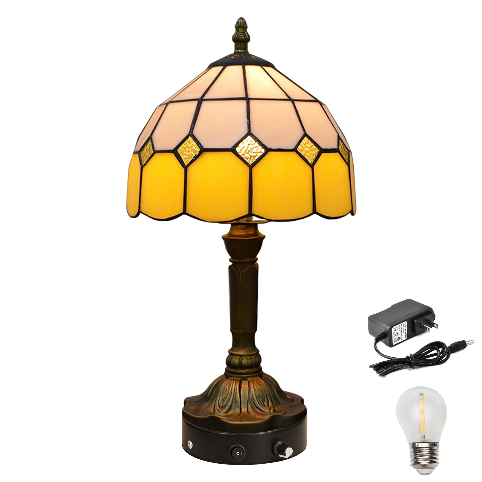 Kiven Battery Operated Tiffany Table Lamp, Dimmable Stained Glass Wireless Desk Lamp with Remote, 5V Portable Nightstand Light for Bedroom & Living Room