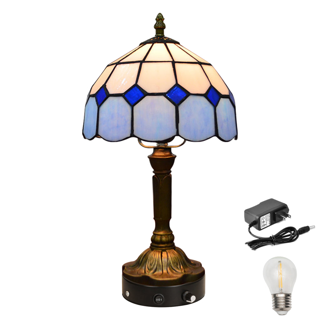 Kiven Battery Operated Tiffany Table Lamp, Dimmable Stained Glass Wireless Desk Lamp with Remote, 5V Portable Nightstand Light for Bedroom & Living Room