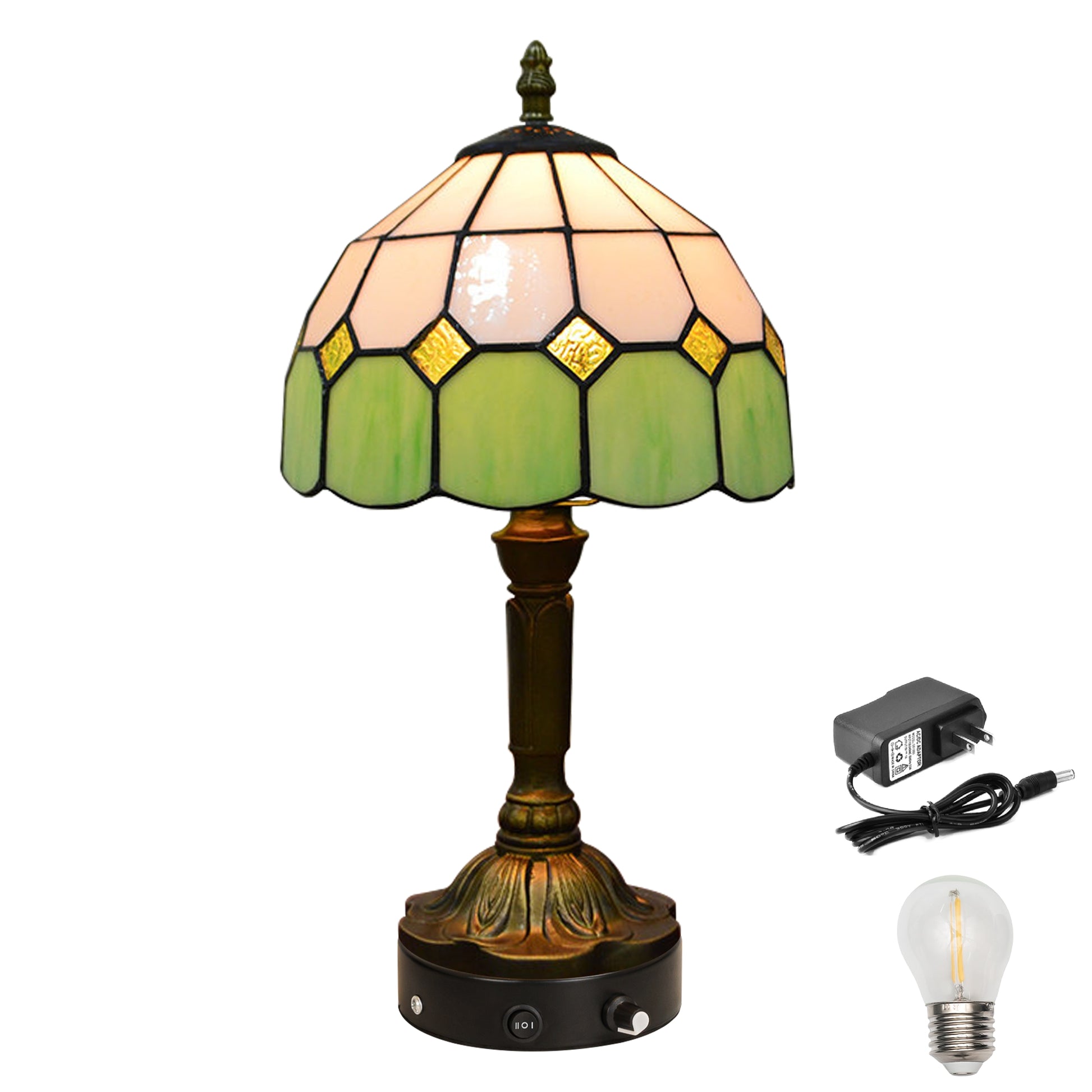 Kiven Battery Operated Tiffany Table Lamp, Dimmable Stained Glass Wireless Desk Lamp with Remote, 5V Portable Nightstand Light for Bedroom & Living Room