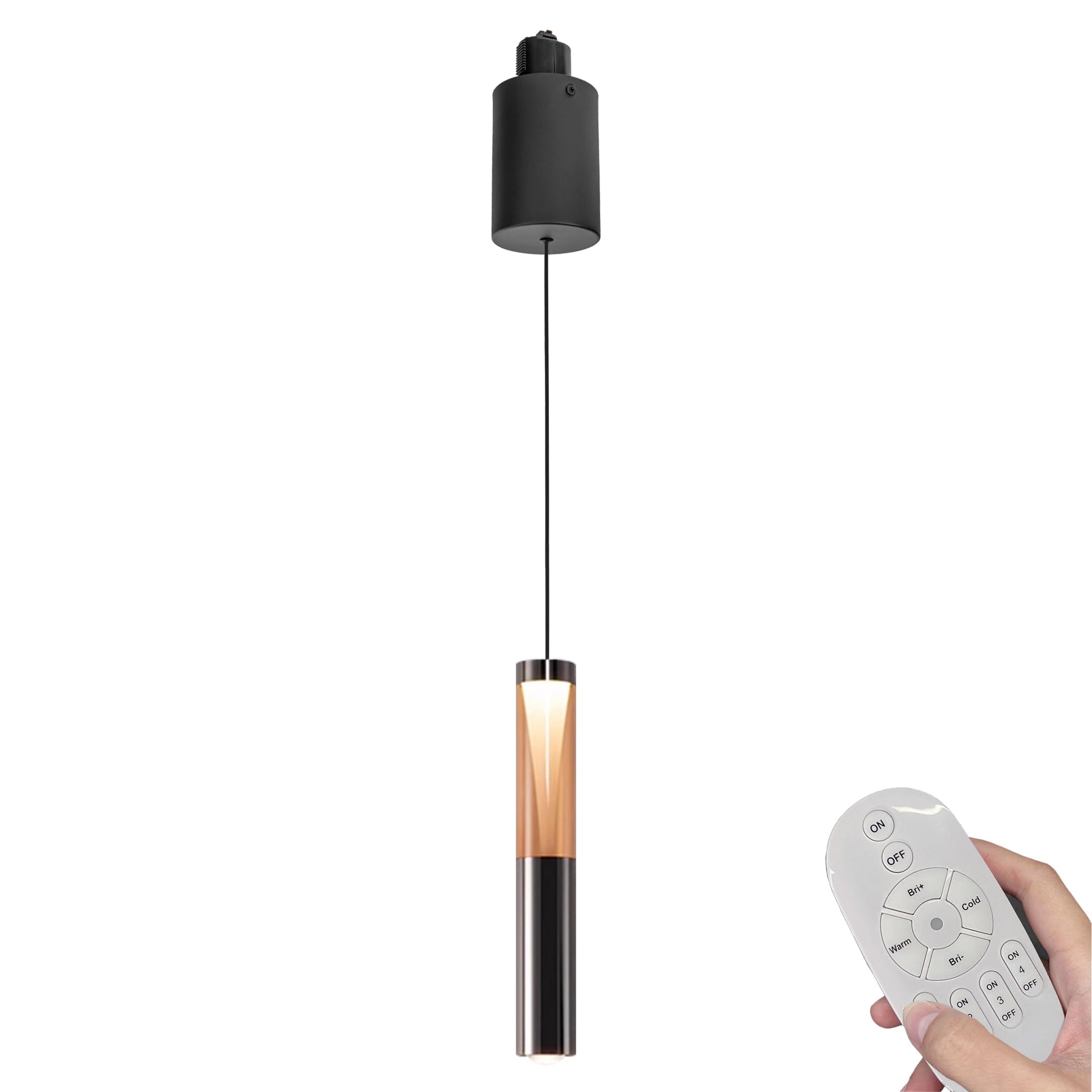 Single Modern LED H-Type Track Pendant Light in Matte Black with Smart Remote Control, featuring Dimmable Dual-Lighting Amber Crystal Cylinder and Tool-Free Adjustable Hanging Cord